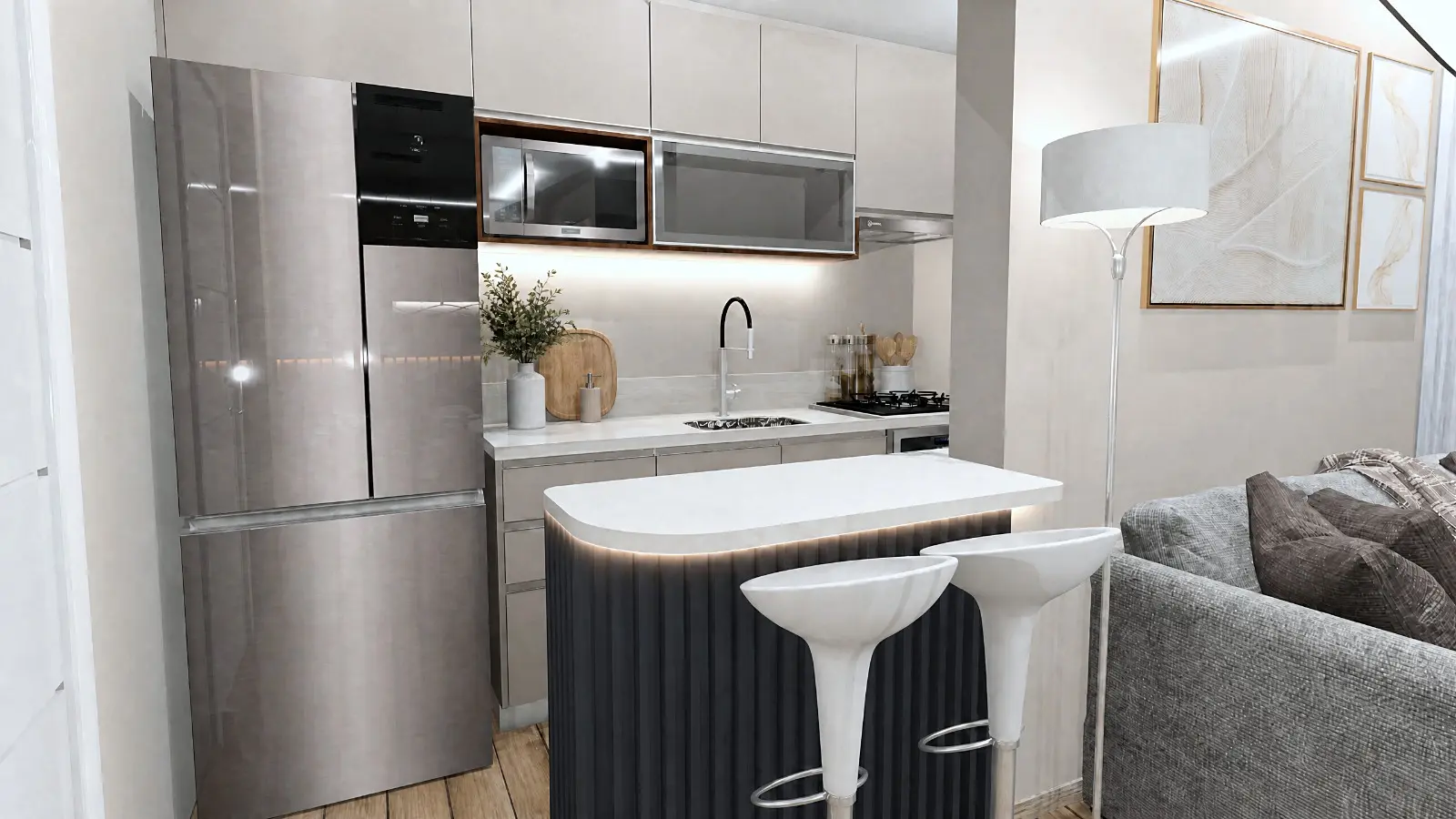 Projeto de cozinha com planejados, bancada e ilha