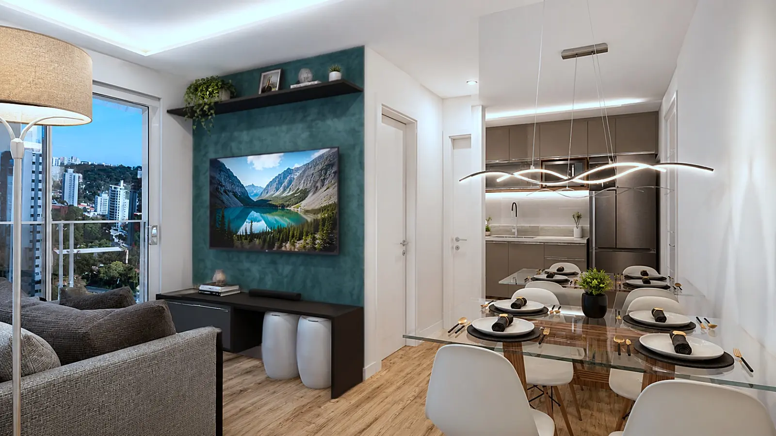 Projeto de sala com painel de TV, jantar e cozinha integrada
